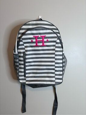 Thirty-One Gray White Striped Backpack Pink Monogram H Travel School Bag